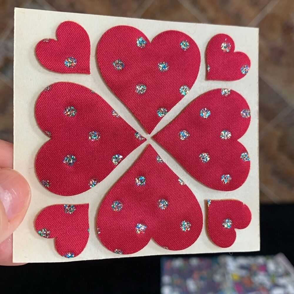 VINTAGE 80's Puffy Fabric Fabric Stickers With Glitter Hearts June Kessler - Picture 5 of 5